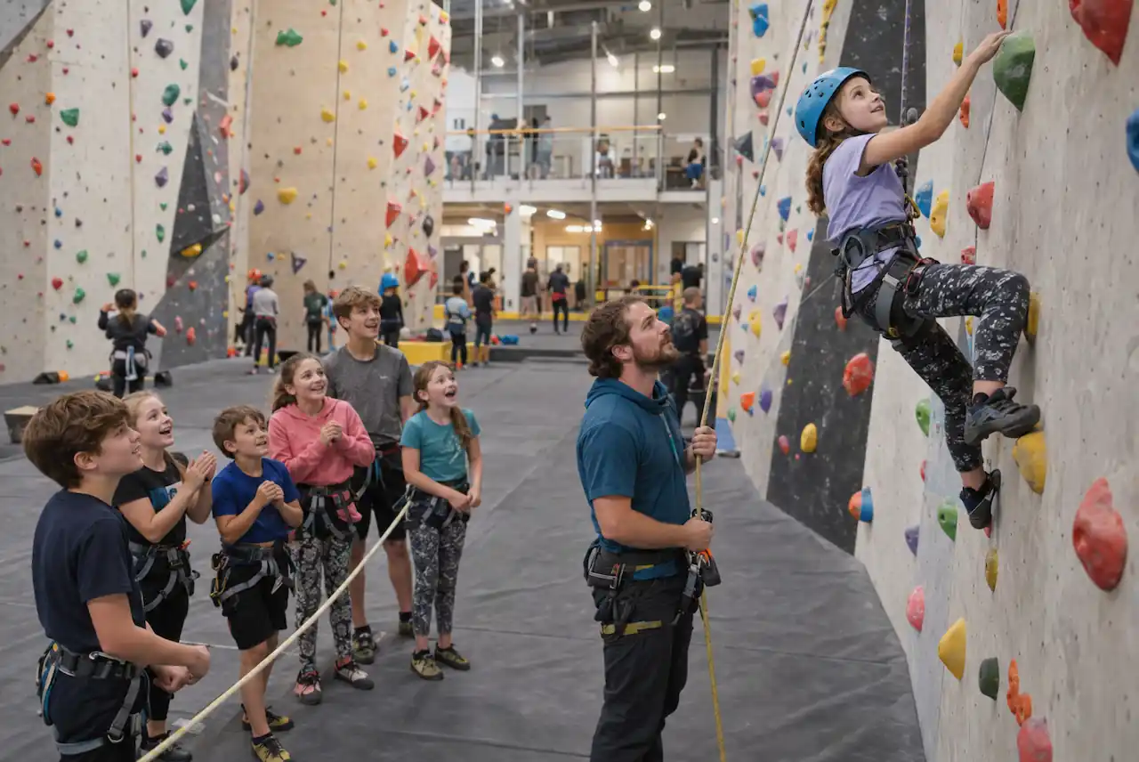 Children enjoying a climbing wall birthday party