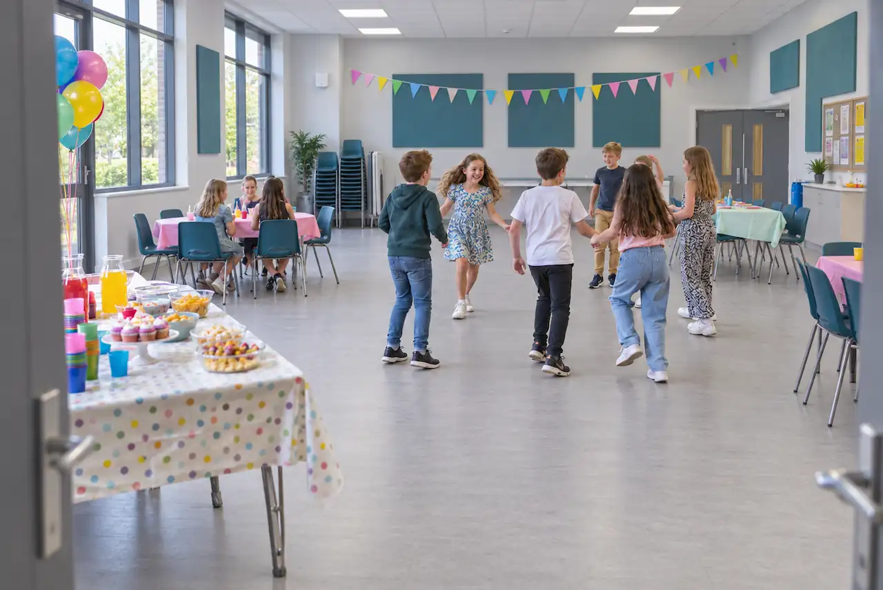 Community hall prepared for a children's birthday party