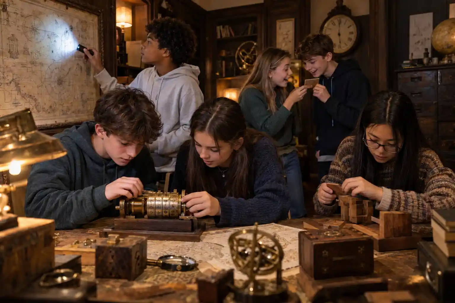 teenagers solving an escape room challenge