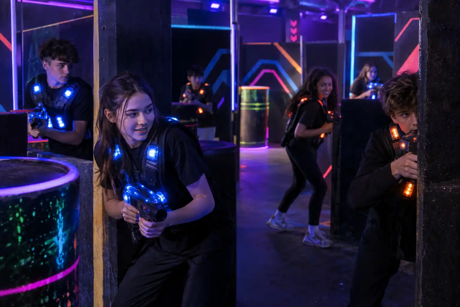 teenagers playing laser tag in a neon arena