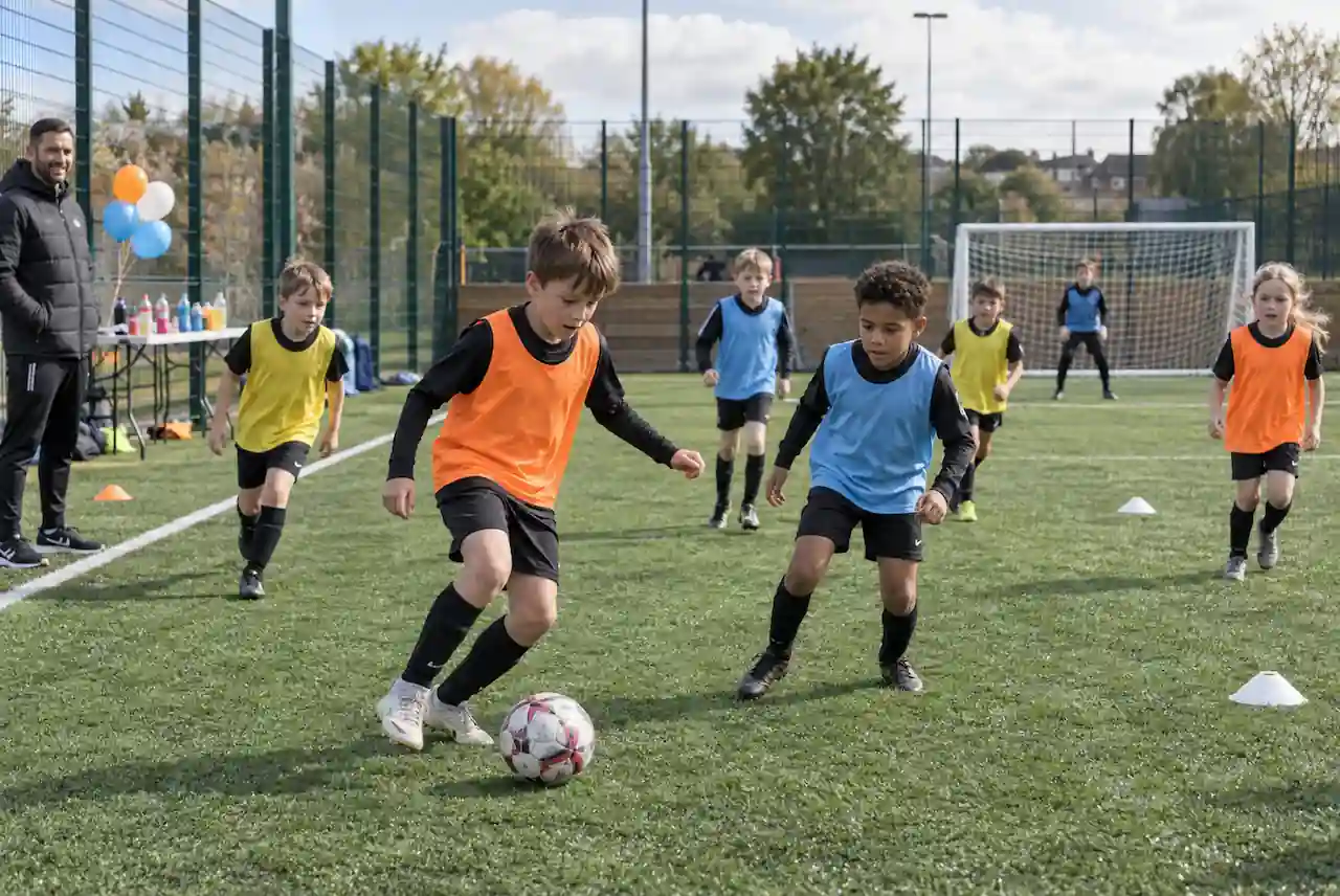 Outdoor sports pitch being used for a children's birthday party