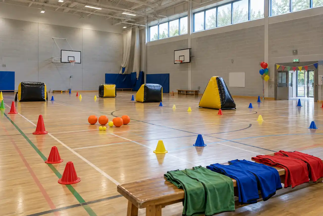 Indoor sports hall set up for a children's birthday party