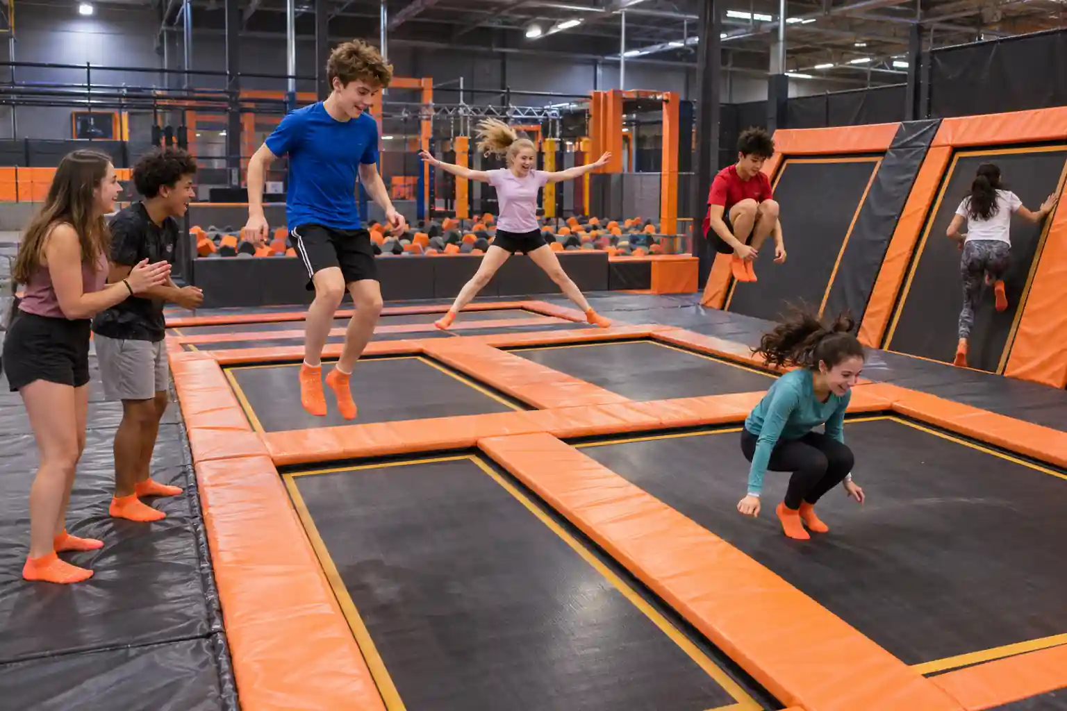 teenagers at an indoor trampoline park birthday